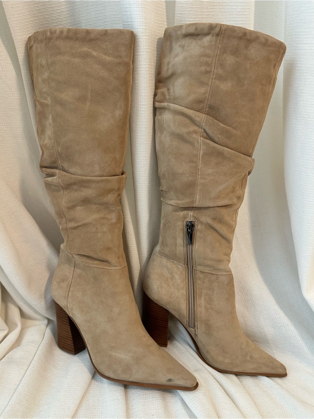 Vince Camuto Taupe Suede Knee-High Block Heel Boots
